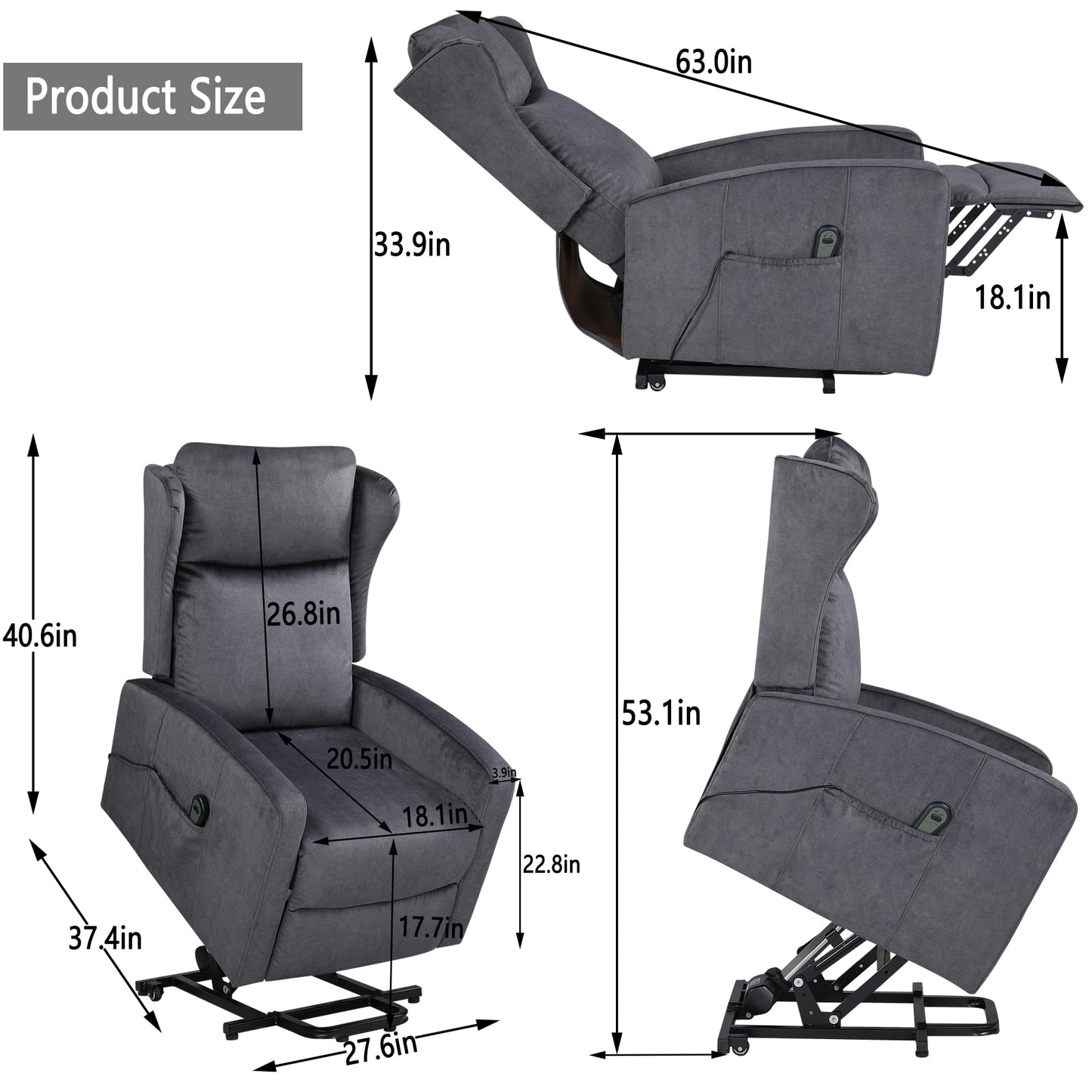 Brocle Power Lift Recliner Chair, Adjustable Modern Lift Chair, Lift Recliner Sofa for Back, Lumbar, Legs Support, Classic Power Recliner Chair with Remote Control, Side Pocket (Technical Fabric Grey)