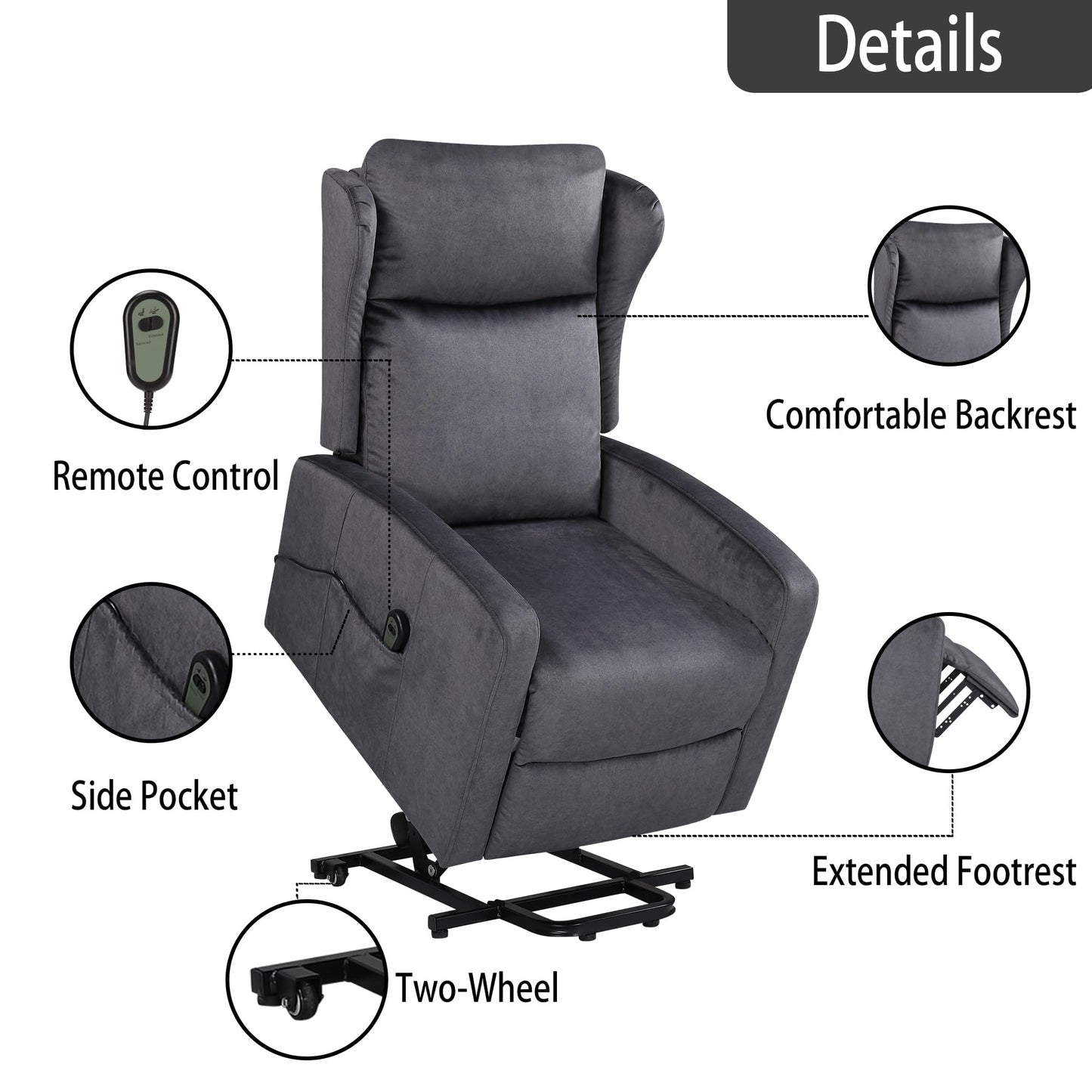 Brocle Power Lift Recliner Chair, Adjustable Modern Lift Chair, Lift Recliner Sofa for Back, Lumbar, Legs Support, Classic Power Recliner Chair with Remote Control, Side Pocket (Technical Fabric Grey)