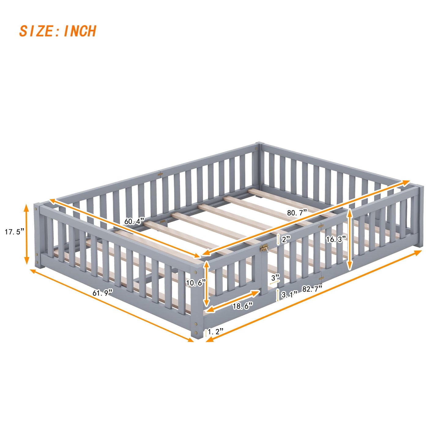 brocle Queen Size Floor Bed Frame for Kids with Door and Safety Guardrails